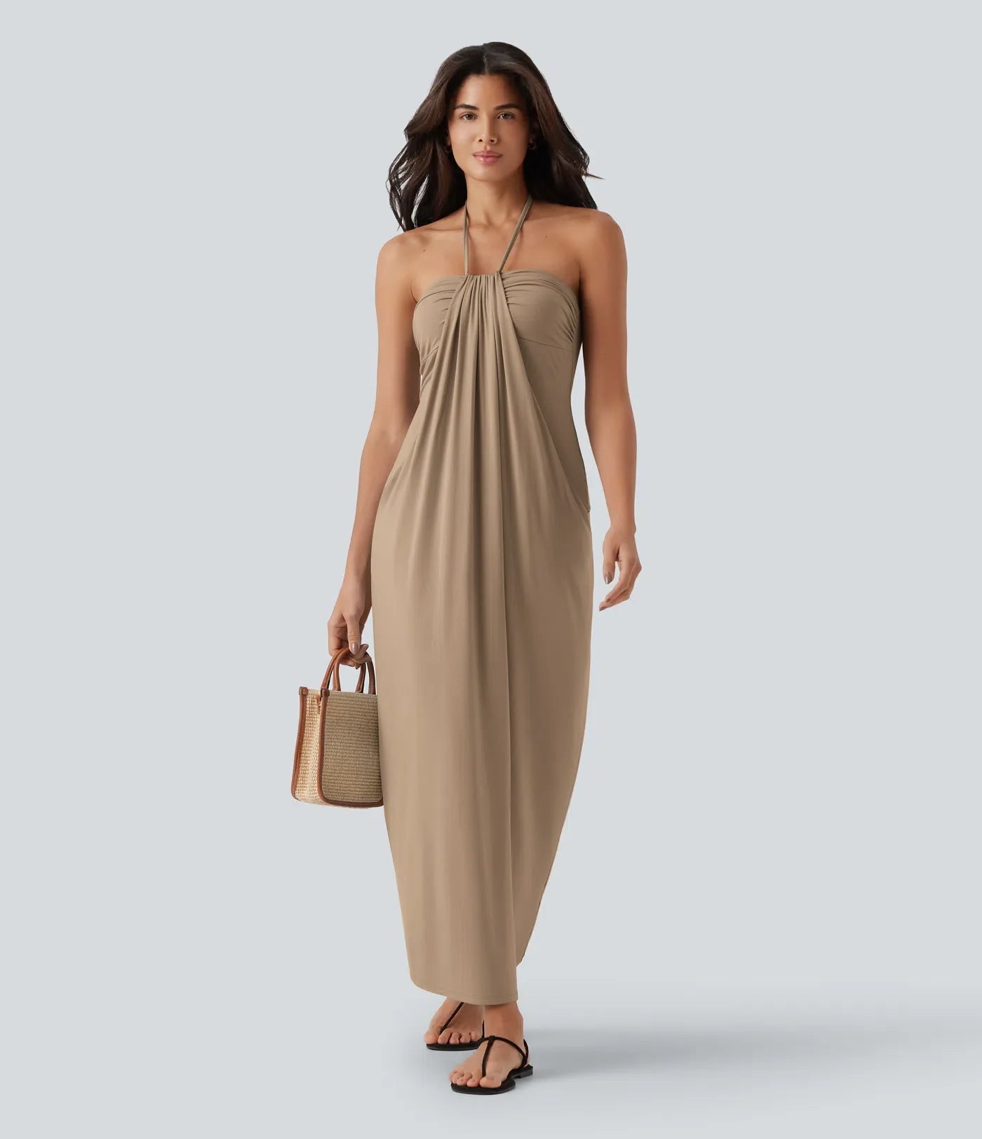 Trovehand Hourglass Bodycon Halter Tie Maxi Dress with Pockets