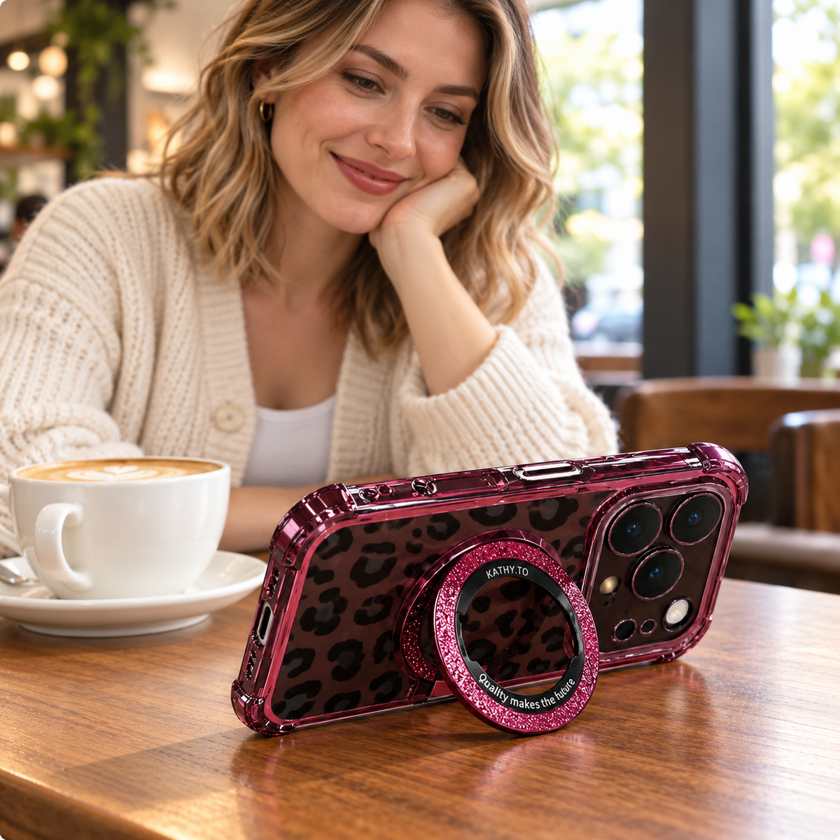 Burgundy leopard phone case with its ring stand open on a cafe table, with a woman watching the screen