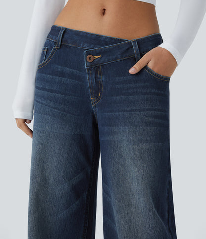 XS(Extra Tall) Paint Blue Denim Halara Flex™ Asymmetric Low Rise Zipper Pockets Baggy Wide Leg Washed Casual Jeans