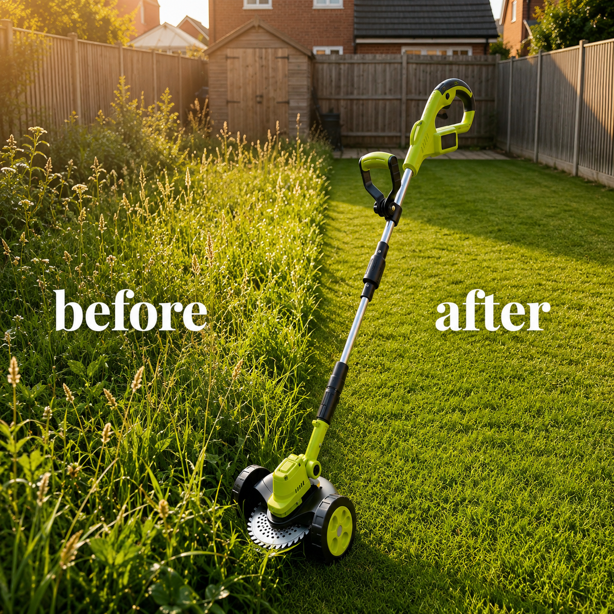 Cordless yard trimmer finishing a clean lawn edge