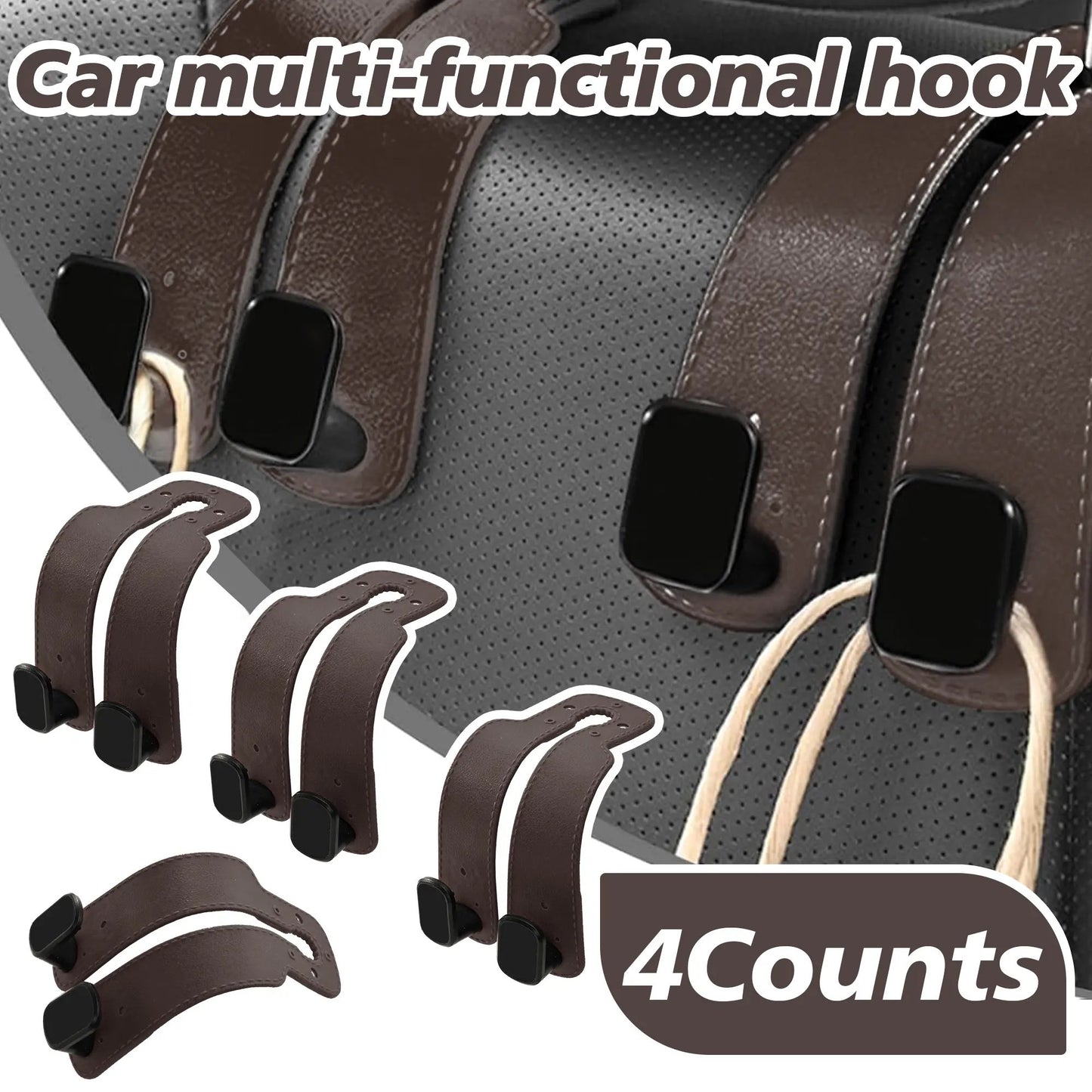 4PCS Faux Leather Car Headrest Hooks: Double-Hook Organizer for Bags & Essentials