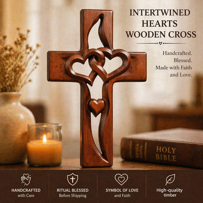 ✝️ Handcrafted & Blessed Intertwined Hearts Wooden Cross – Spiritual Unity & Love 🔥