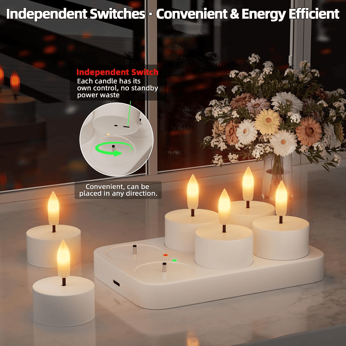 Rechargeable Flameless LED Tea Lights, Charging Station & Remote Included, Flickering Fake Candles, Safe No Flame Candle for Home, Wedding, Festival & Emergency Lighting