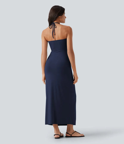 Trovehand Hourglass Bodycon Halter Tie Maxi Dress with Pockets