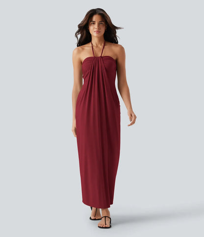 Trovehand Hourglass Bodycon Halter Tie Maxi Dress with Pockets