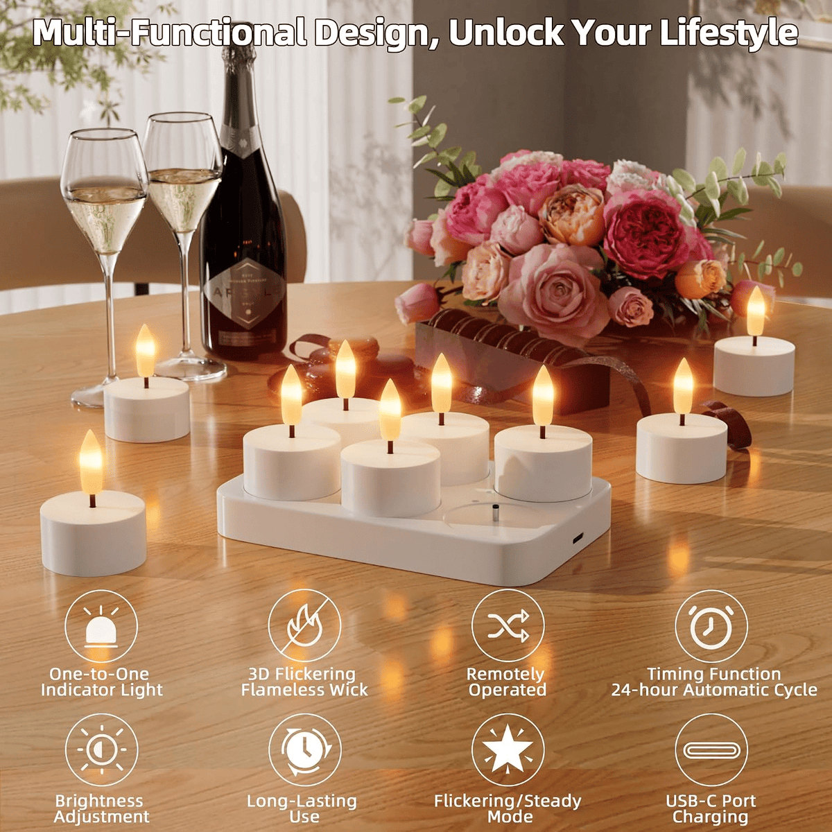 Rechargeable Flameless LED Tea Lights, Charging Station & Remote Included, Flickering Fake Candles, Safe No Flame Candle for Home, Wedding, Festival & Emergency Lighting