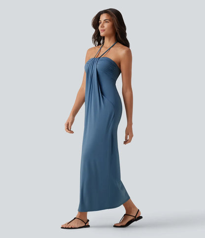 Trovehand Hourglass Bodycon Halter Tie Maxi Dress with Pockets