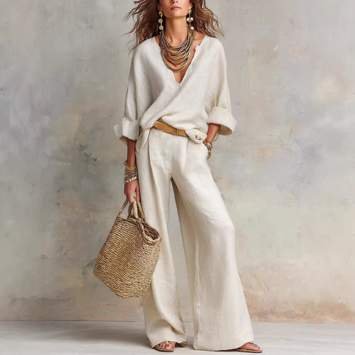 📦📦LAST DAY SAVE 49% ⏰Women's Casual Linen Vacation Set – Three-Quarter Sleeve Top & Full-Length Pants