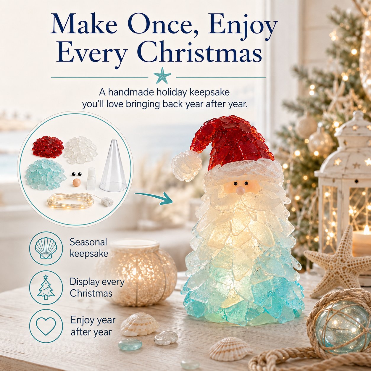 🔥Last Day 49% OFF – 🎅 Beginner-Friendly DIY Lighted Sea Glass Santa Christmas Decor Kit