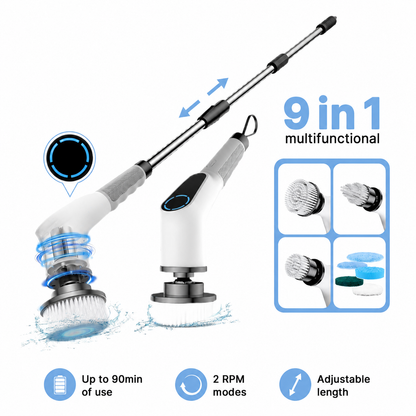 All-in-One Electric Spin Scrubber – 9-in-1 Cordless Power Scrubber with 8 Brush Heads & Extendable Handle