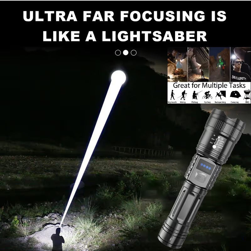 🔦 High-Power Rechargeable Zoom Flashlight – 2000LM, Power Bank & Digital Battery Display