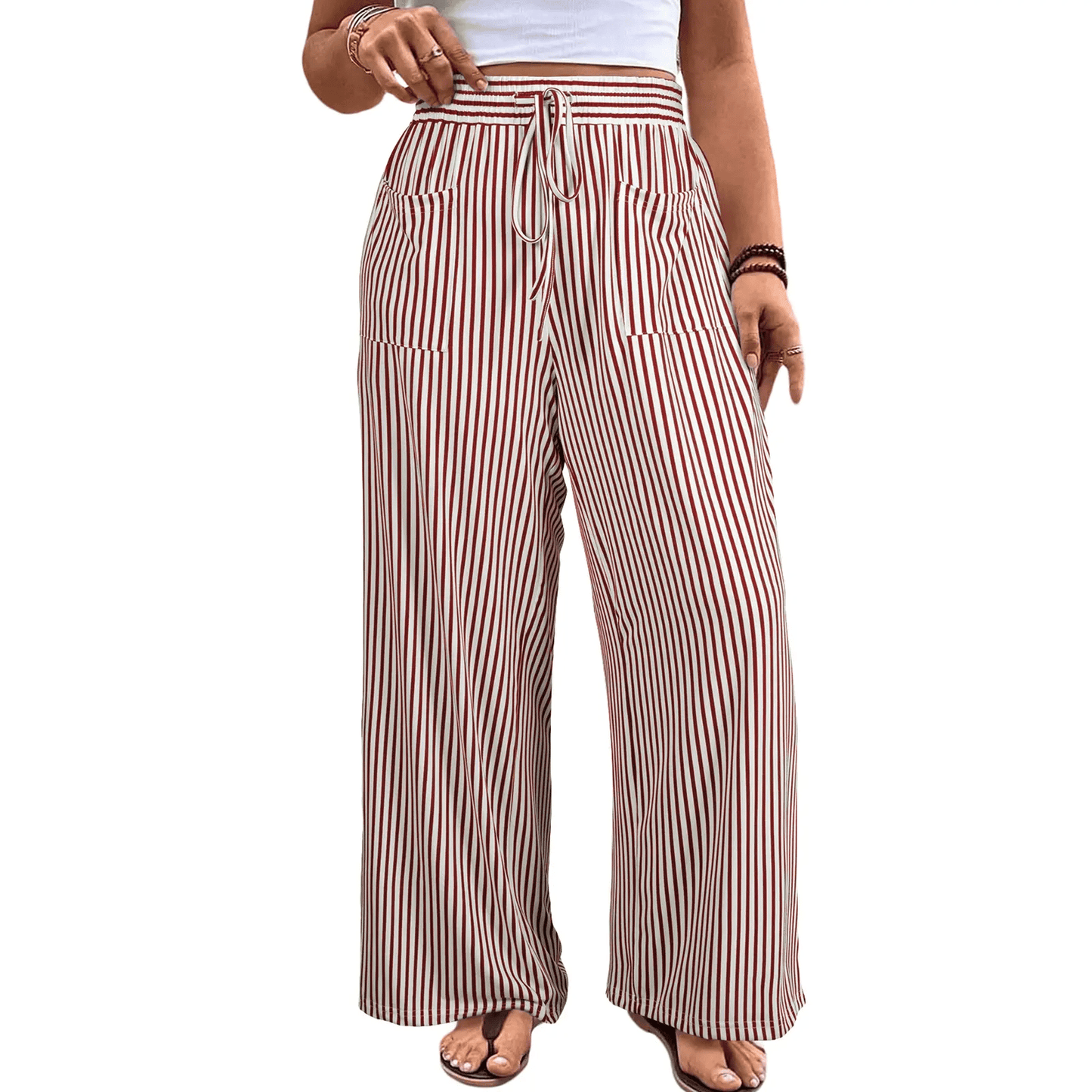 Womens Plus Size Wide Leg Pants Elastic High Waist Striped Casual Palazzo Pants Lounge Trouser with Pockets (1X-5X)