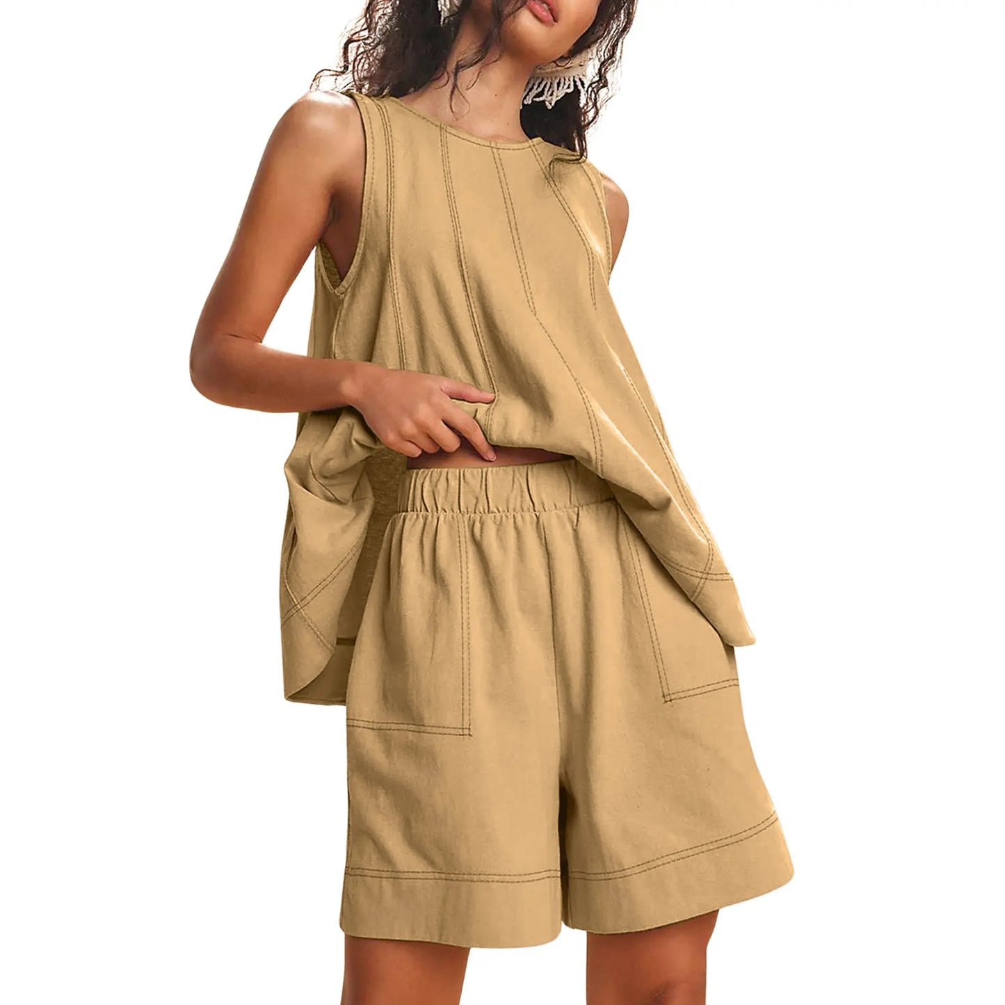 Women's 2 Piece Outfits Sleeveless Matching Sets A Line Tank Tops Contrast Stitching High Waist Shorts with Pockets, 2 Piece Sets, Women 2 Piece Sets,summerwins