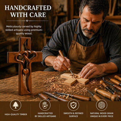 ✝️ Handcrafted & Blessed Intertwined Hearts Wooden Cross – Spiritual Unity & Love 🔥