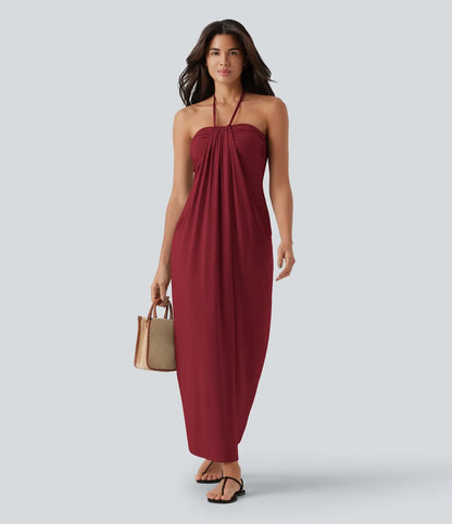 Trovehand Hourglass Bodycon Halter Tie Maxi Dress with Pockets