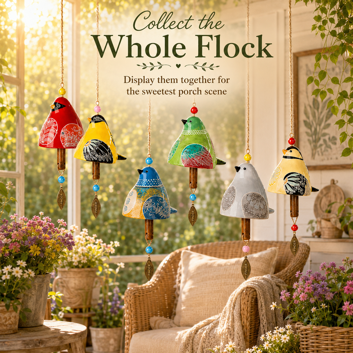 Hand-Painted Resin Bird Wind Chime, Colorful Folk Art Garden Hanging Decor