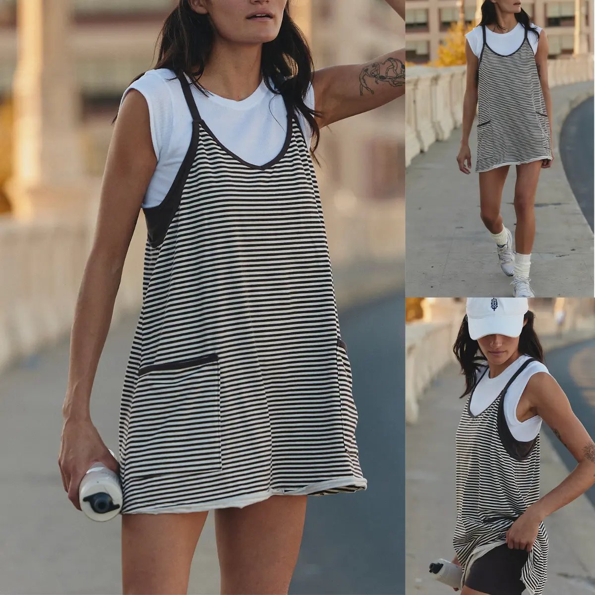 Women's Summer Sleeveles Striped Mini Dress with Built-in Shorts V Neck