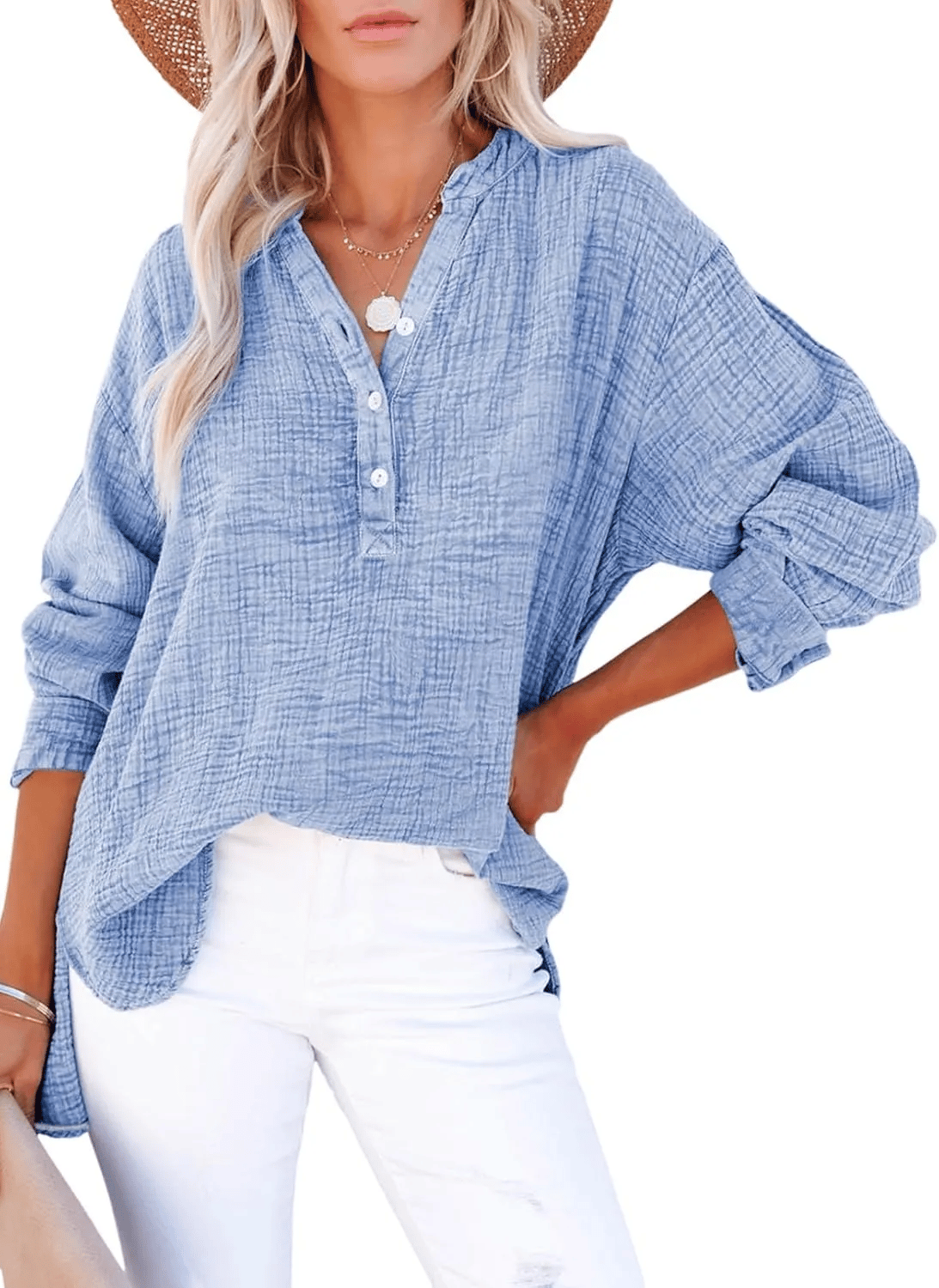 🔥Womens Casual Gauze Button Neck Long Sleeve Oversized BlousesTops