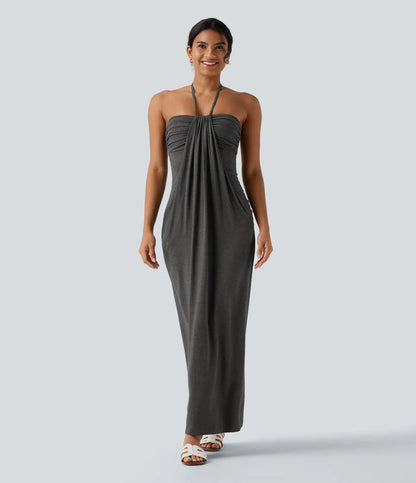 Trovehand Hourglass Bodycon Halter Tie Maxi Dress with Pockets