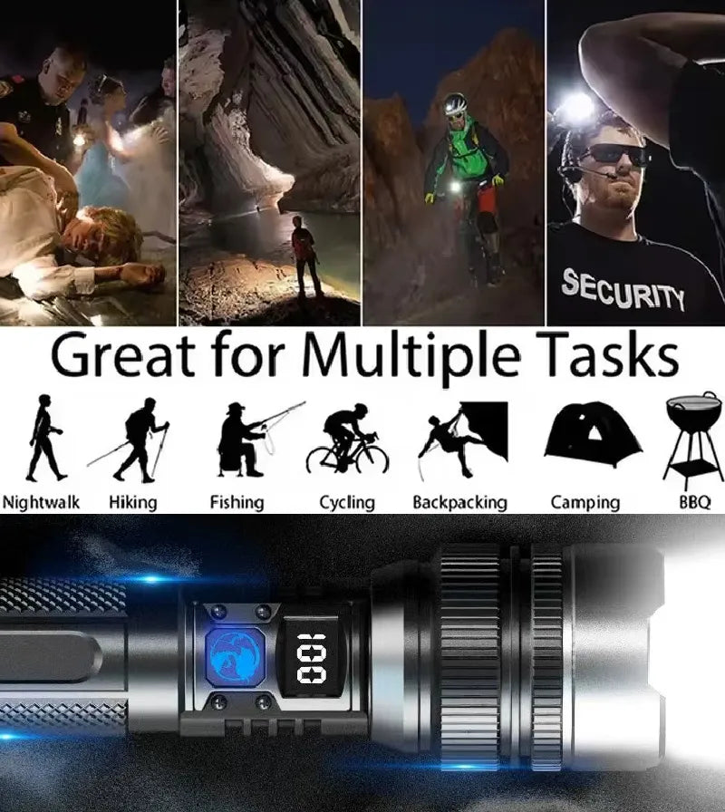 🔦 High-Power Rechargeable Zoom Flashlight – 2000LM, Power Bank & Digital Battery Display