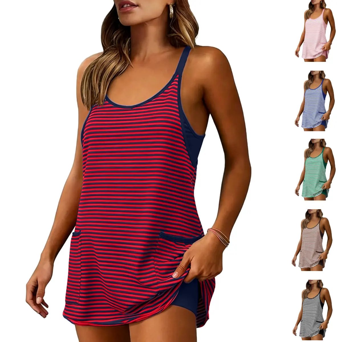 Women's Summer Sleeveles Striped Mini Dress with Built-in Shorts V Neck