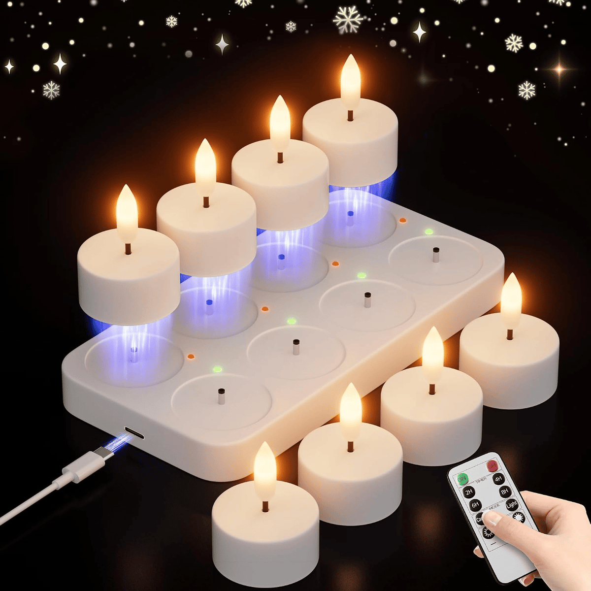 Rechargeable Flameless LED Tea Lights, Charging Station & Remote Included, Flickering Fake Candles, Safe No Flame Candle for Home, Wedding, Festival & Emergency Lighting