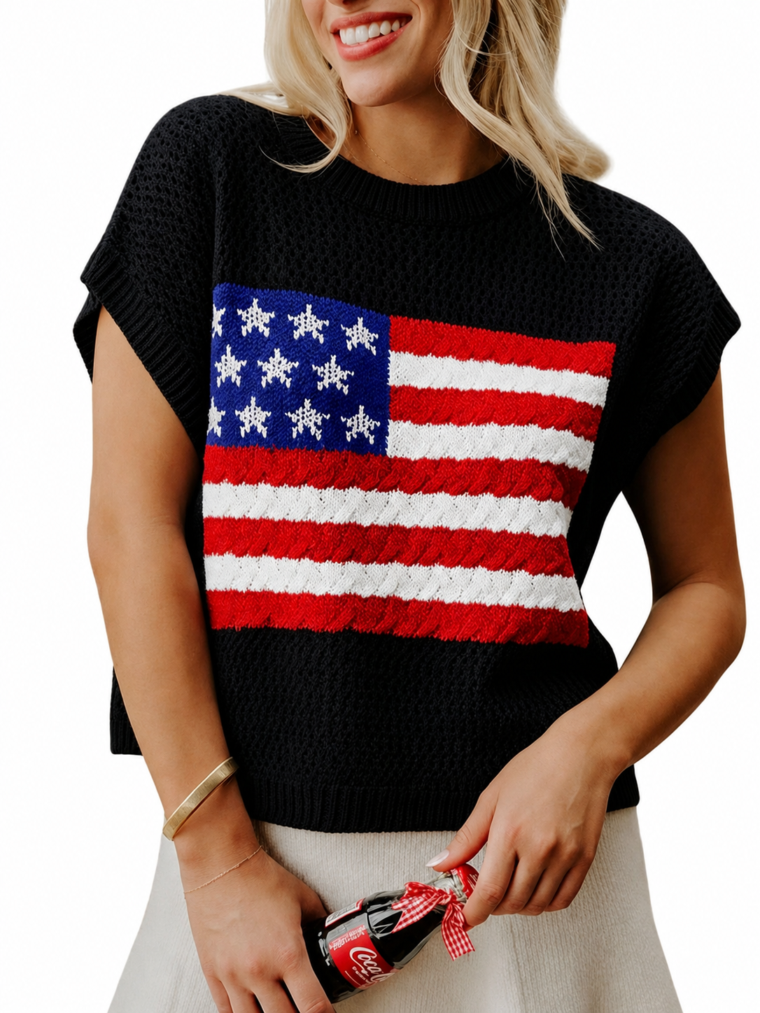 Women American Flag Lightweight Sweater Vest Short Sleeve Patriotic Knit Top