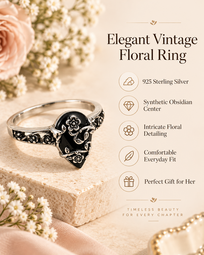 Vintage Floral Black Teardrop Ring