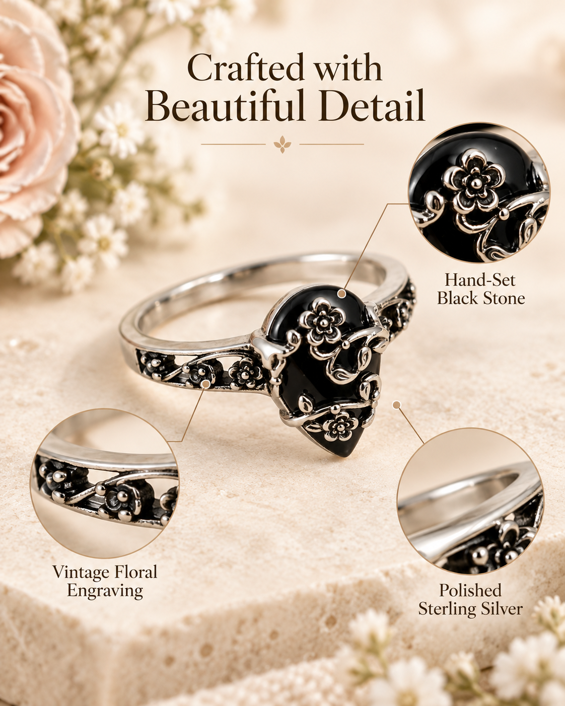 Vintage floral black teardrop ring styled for an evening look