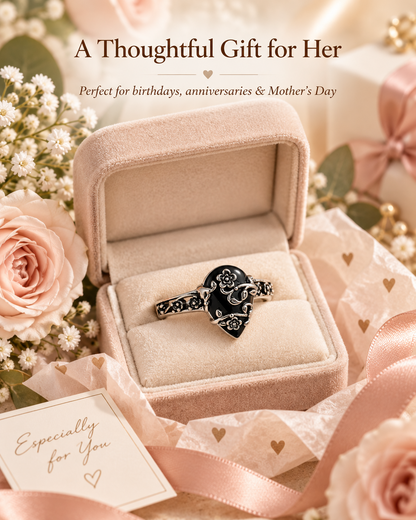 Vintage Floral Black Teardrop Ring