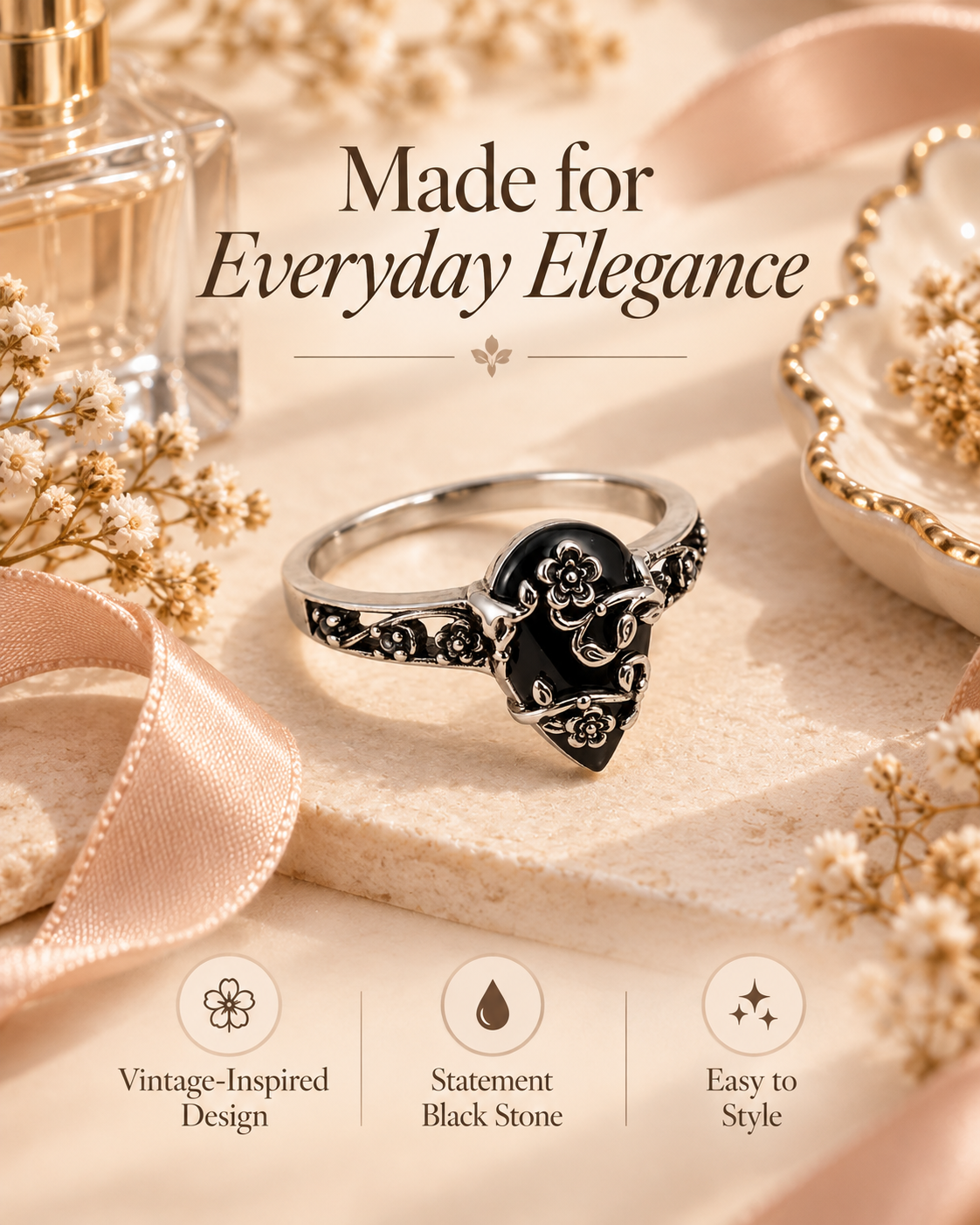 Vintage Floral Black Teardrop Ring