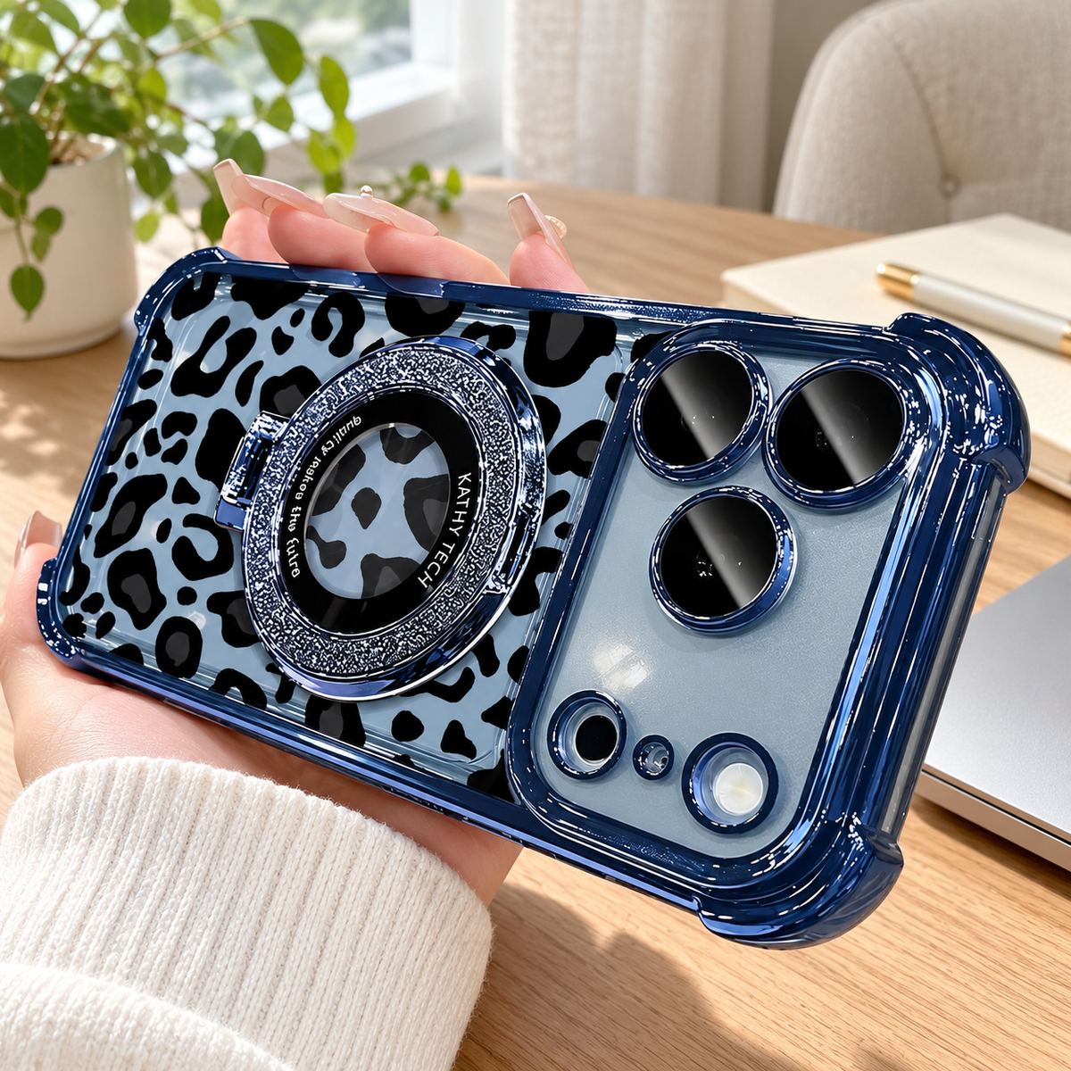 Blue leopard print case with its built-in circular stand folded against the back at a home desk