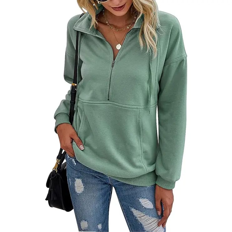 PrettyGarden Women's Casual Long Sleeve Lapel Zipper Sweatshirt Drawstring Loose Pullover Tops Fall Sweater-Womenswear Cotton Fabric