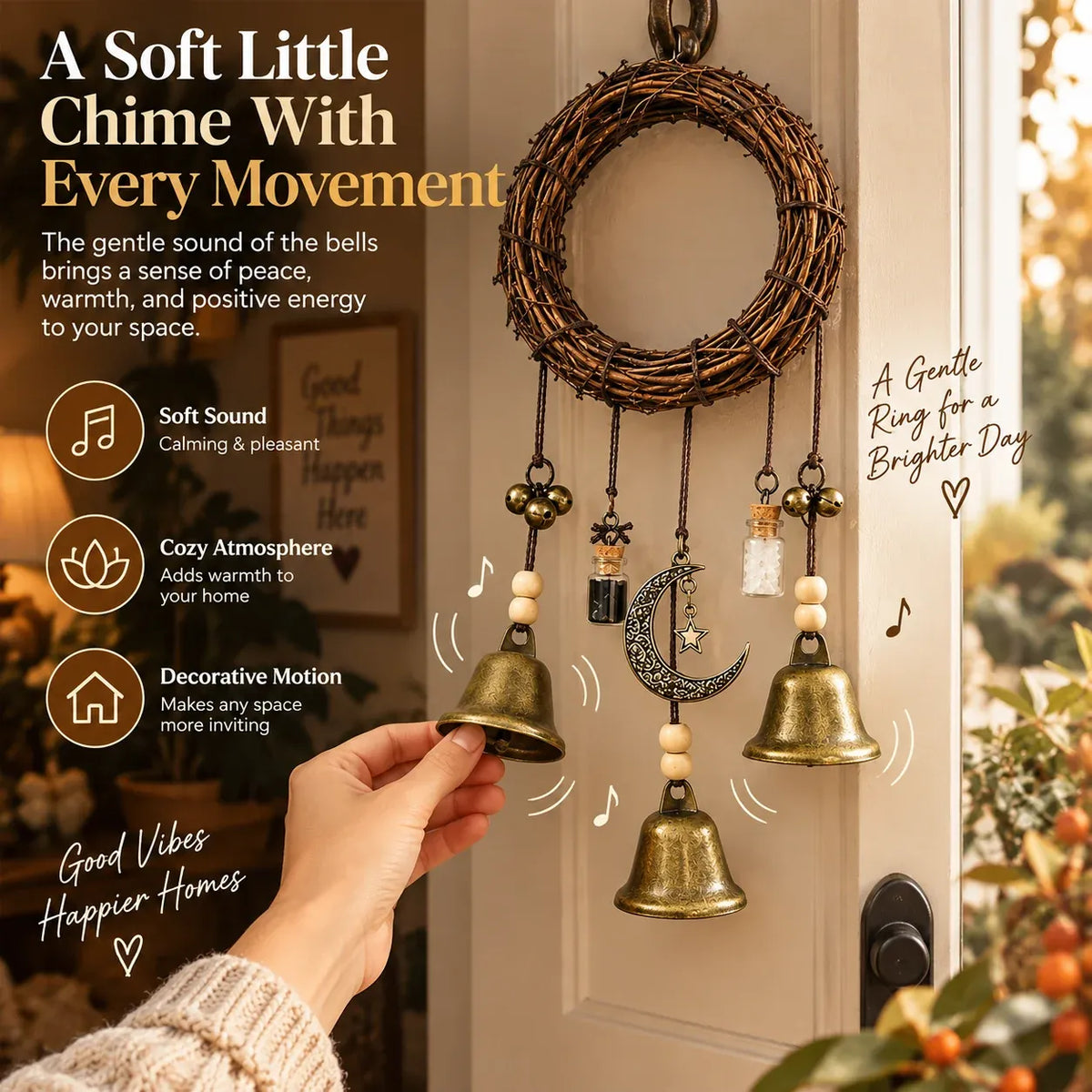 Boho Moon & Bell Hanging Decor – Rustic Bronze Wall & Door Charm