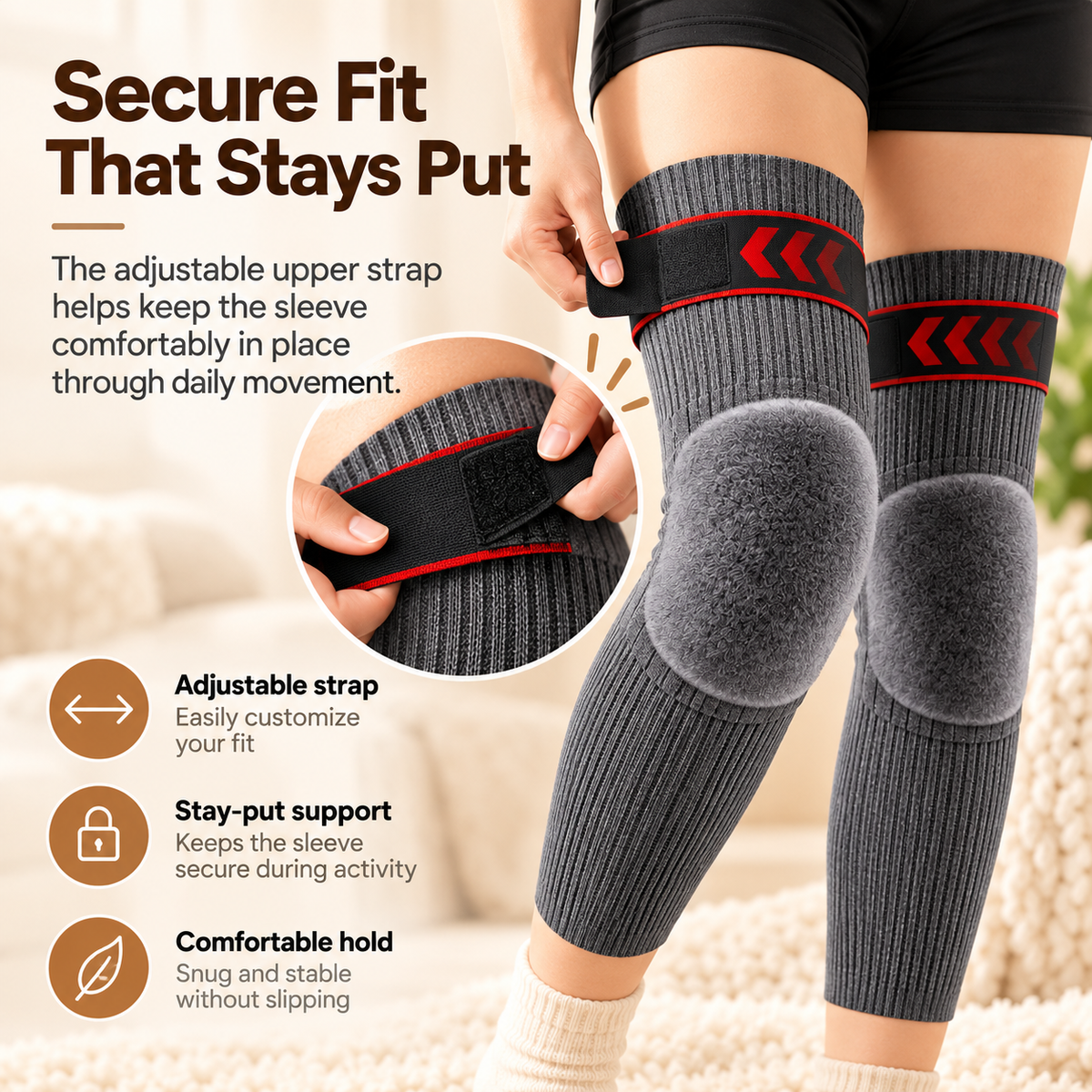 ☁️🧶Fleece-Lined Thermal Knee Warmers with Adjustable Stay-Put Strap