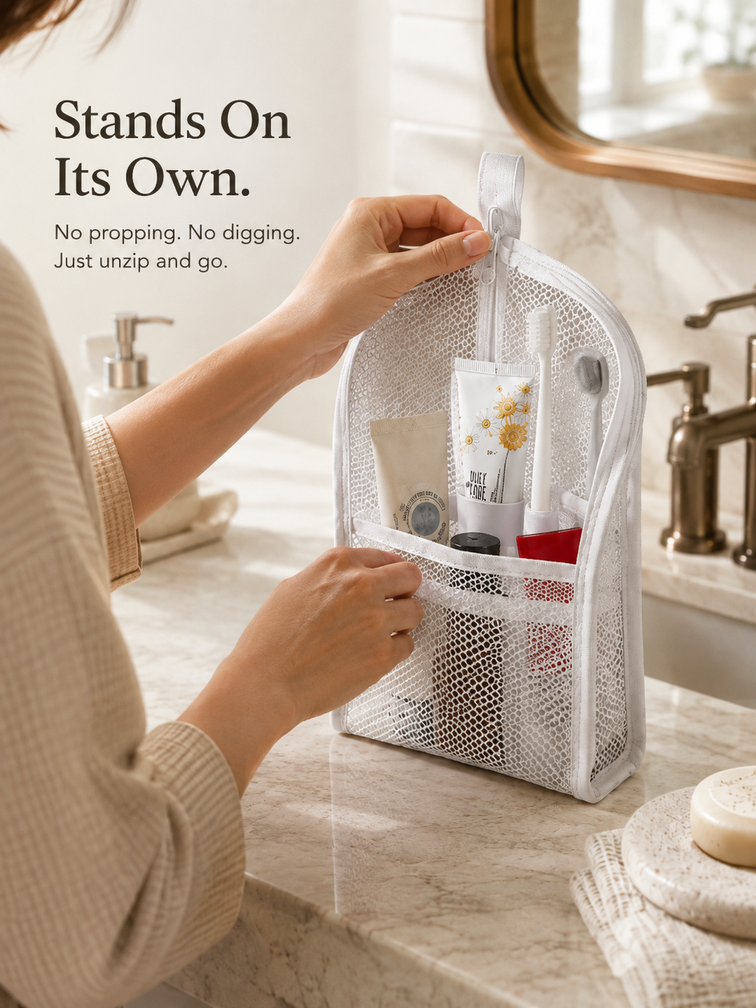 White self-standing toiletry pouch on a bathroom counter