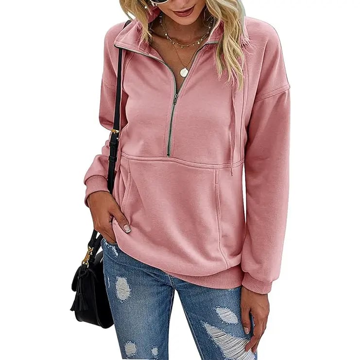 PrettyGarden Women's Casual Long Sleeve Lapel Zipper Sweatshirt Drawstring Loose Pullover Tops Fall Sweater-Womenswear Cotton Fabric