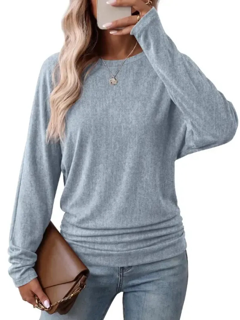 Womens Long Sleeve Shirts Ruched Hem Fall Tops Lightweight Sweaters