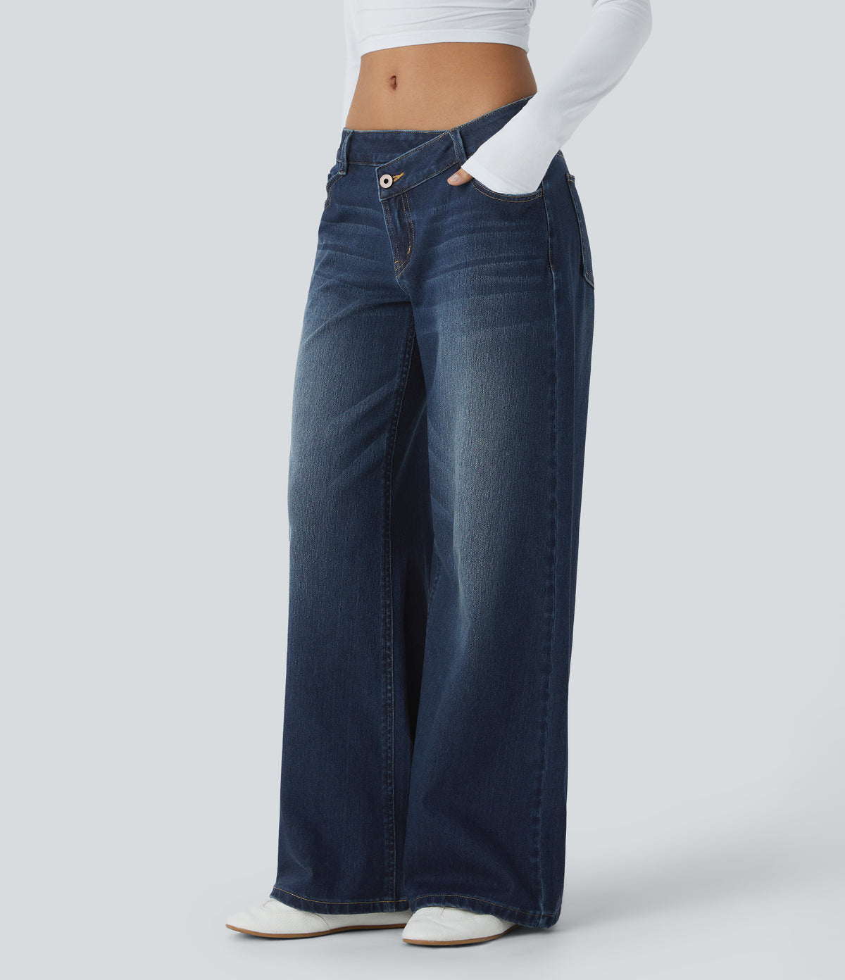 XS(Extra Tall) Paint Blue Denim Halara Flex™ Asymmetric Low Rise Zipper Pockets Baggy Wide Leg Washed Casual Jeans