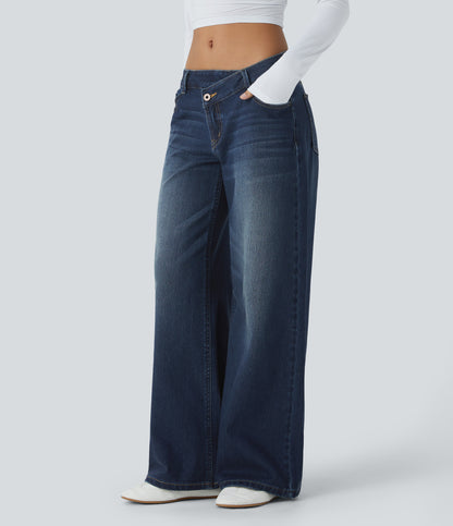 XS(Extra Tall) Paint Blue Denim Halara Flex™ Asymmetric Low Rise Zipper Pockets Baggy Wide Leg Washed Casual Jeans