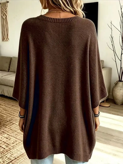 Women Round Neck Side Slit Oversized Batwing Sleeve Knit Top