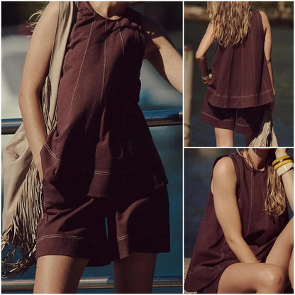 Women's 2 Piece Outfits Sleeveless Matching Sets A Line Tank Tops Contrast Stitching High Waist Shorts with Pockets, 2 Piece Sets, Women 2 Piece Sets,summerwins