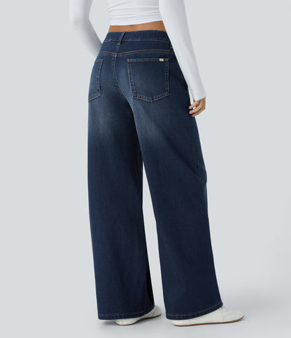 XS(Extra Tall) Paint Blue Denim Halara Flex™ Asymmetric Low Rise Zipper Pockets Baggy Wide Leg Washed Casual Jeans