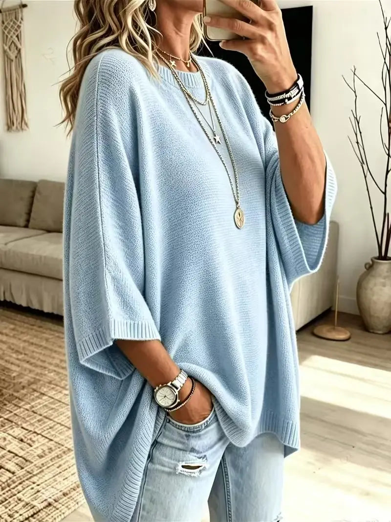 Women Round Neck Side Slit Oversized Batwing Sleeve Knit Top