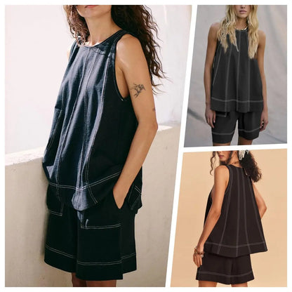 Women's 2 Piece Outfits Sleeveless Matching Sets A Line Tank Tops Contrast Stitching High Waist Shorts with Pockets, 2 Piece Sets, Women 2 Piece Sets,summerwins