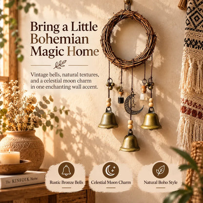 Boho Moon & Bell Hanging Decor – Rustic Bronze Wall & Door Charm