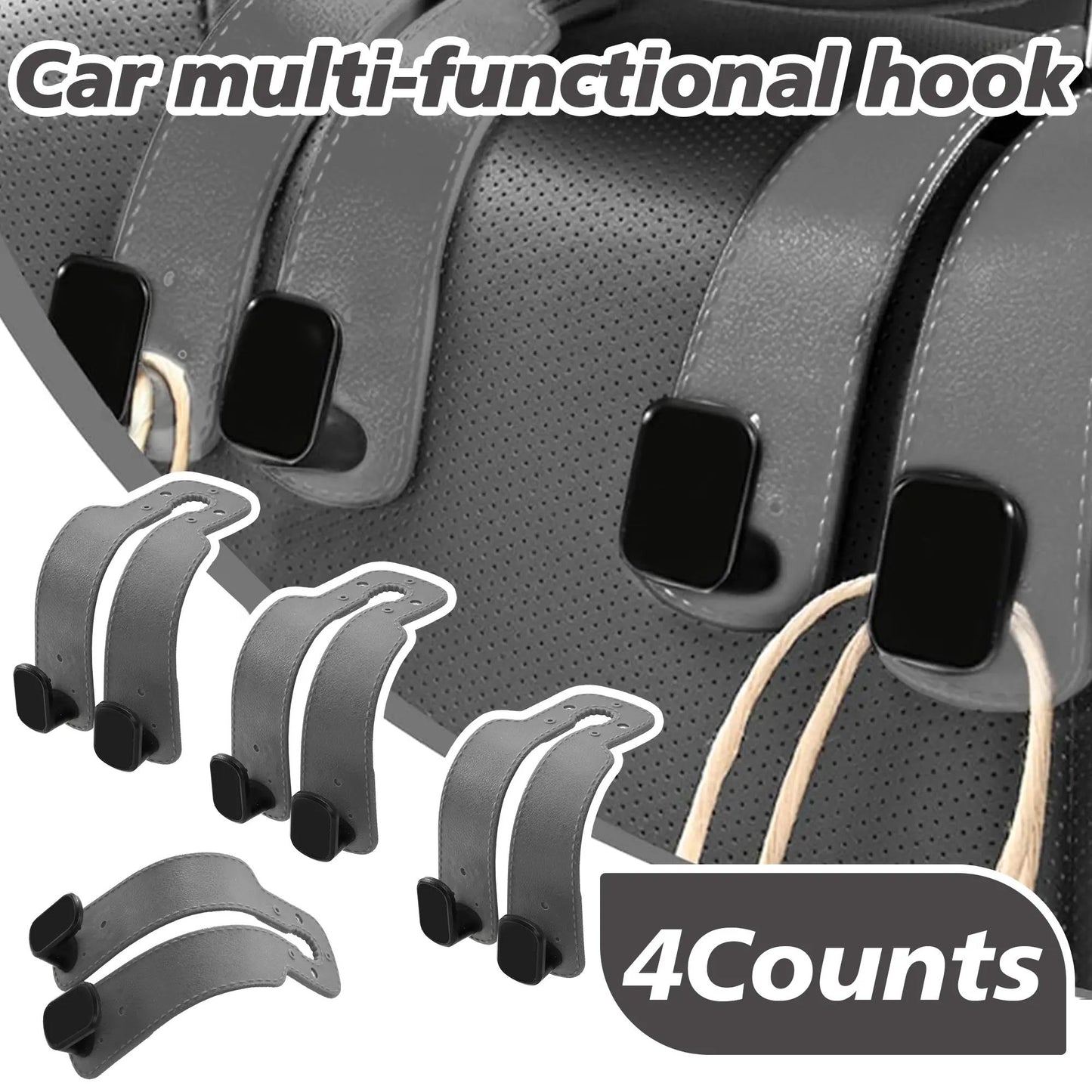 4PCS Faux Leather Car Headrest Hooks: Double-Hook Organizer for Bags & Essentials