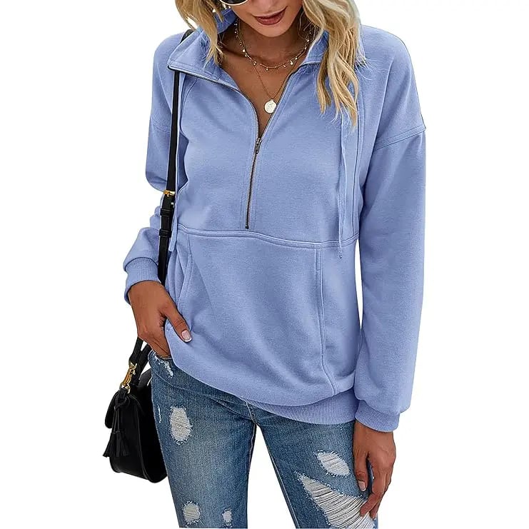 PrettyGarden Women's Casual Long Sleeve Lapel Zipper Sweatshirt Drawstring Loose Pullover Tops Fall Sweater-Womenswear Cotton Fabric