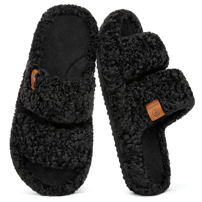 Women's Fuzzy Open-Toe Slippers – Stylish Classic Slides with Soft Memory Foam, Non-Slip Rubber Sole, Perfect Cozy Footwear ,Girl Fur Flipflop Walking Shoes Fluffy Modern Sleeper Slip On Clog