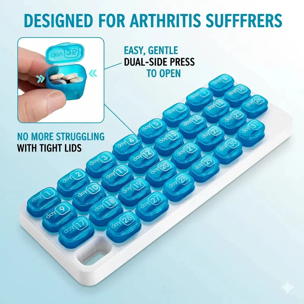 🔥✨31-Day Monthly Pill Box: Easy-Open Lids, Removable Pods, Date Reminder, Travel Case